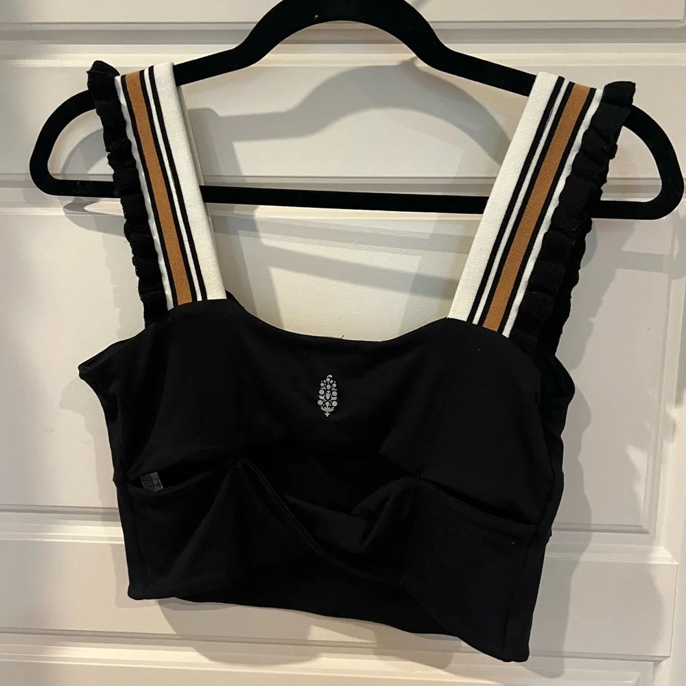 Free People Time Out Tank. Stylish Black Crop Top with Striped Straps - Picture 2 of 2